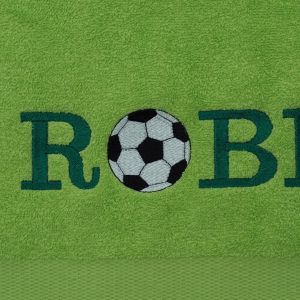 Detail groen douchelaken voor voetballer Robin