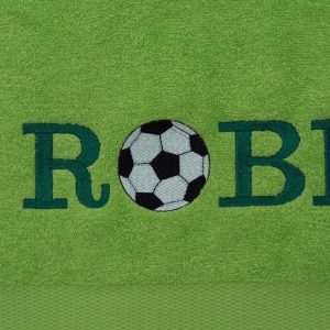 Detail groen douchelaken voor voetballer Robin